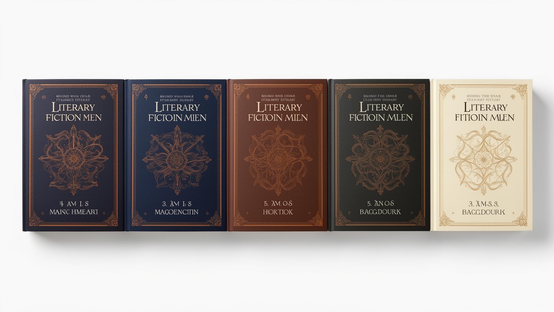 Six hardcover novels from a series, lined up with consistent design