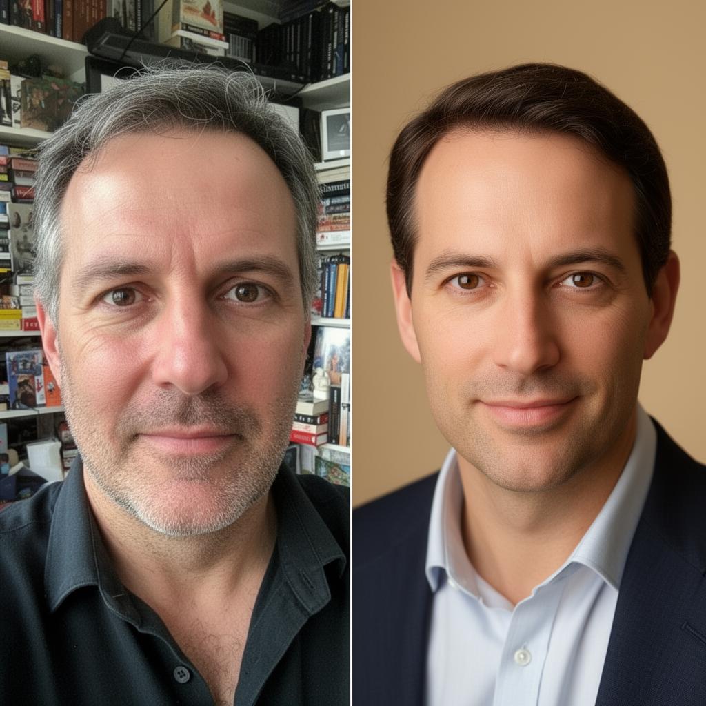 Author portrait comparison: casual selfie on the left, polished editorial headshot on the right