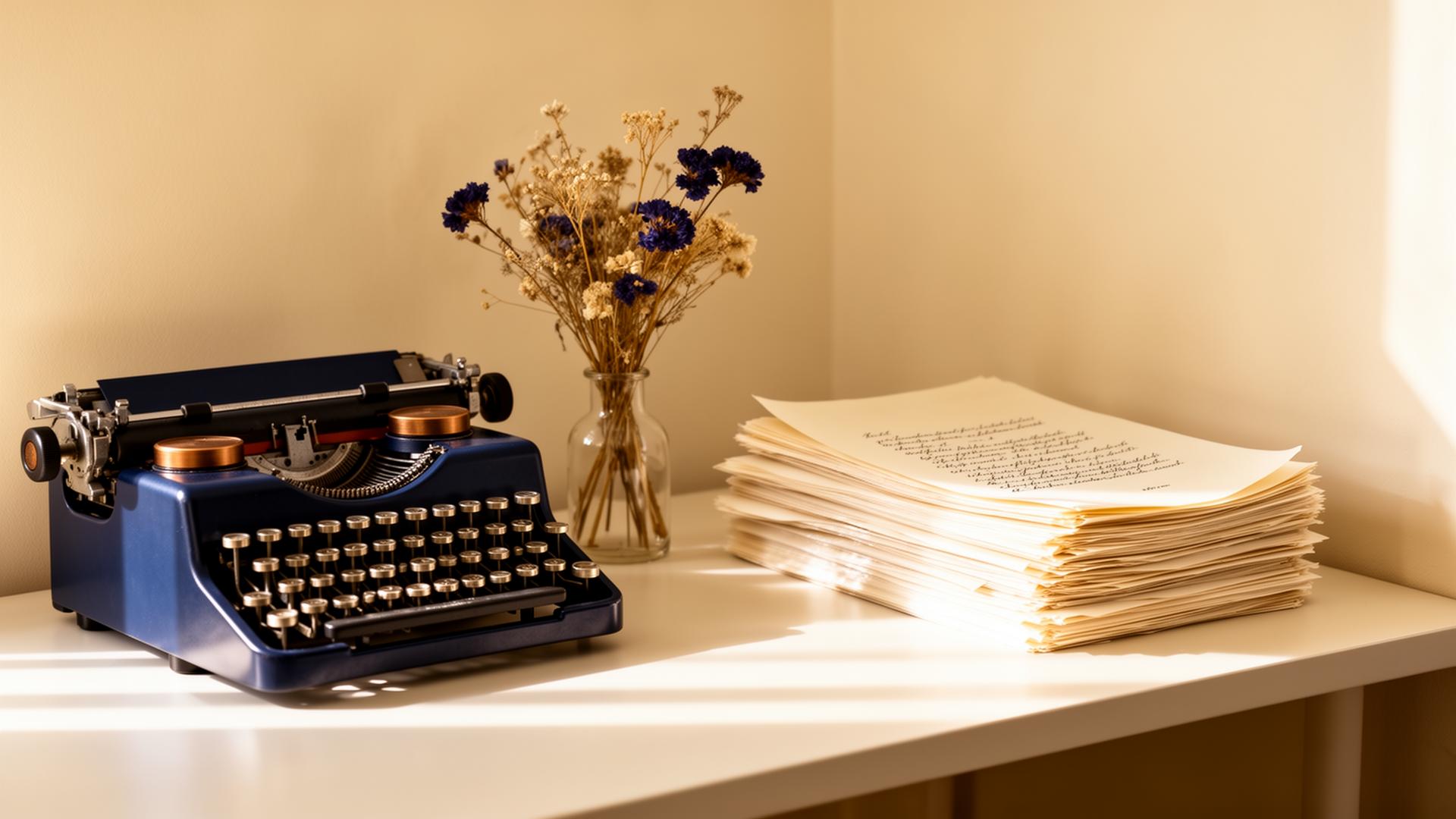 Vintage typewriter beside dried flowers and a stack of manuscript pages